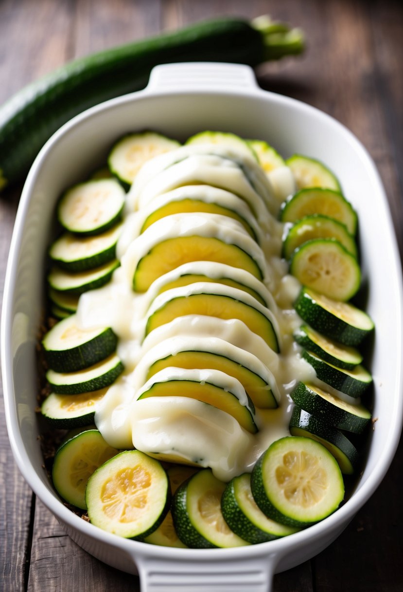 Freshly sliced zucchini and potato arranged in layers, topped with a blanket of melted cheese in a baking dish