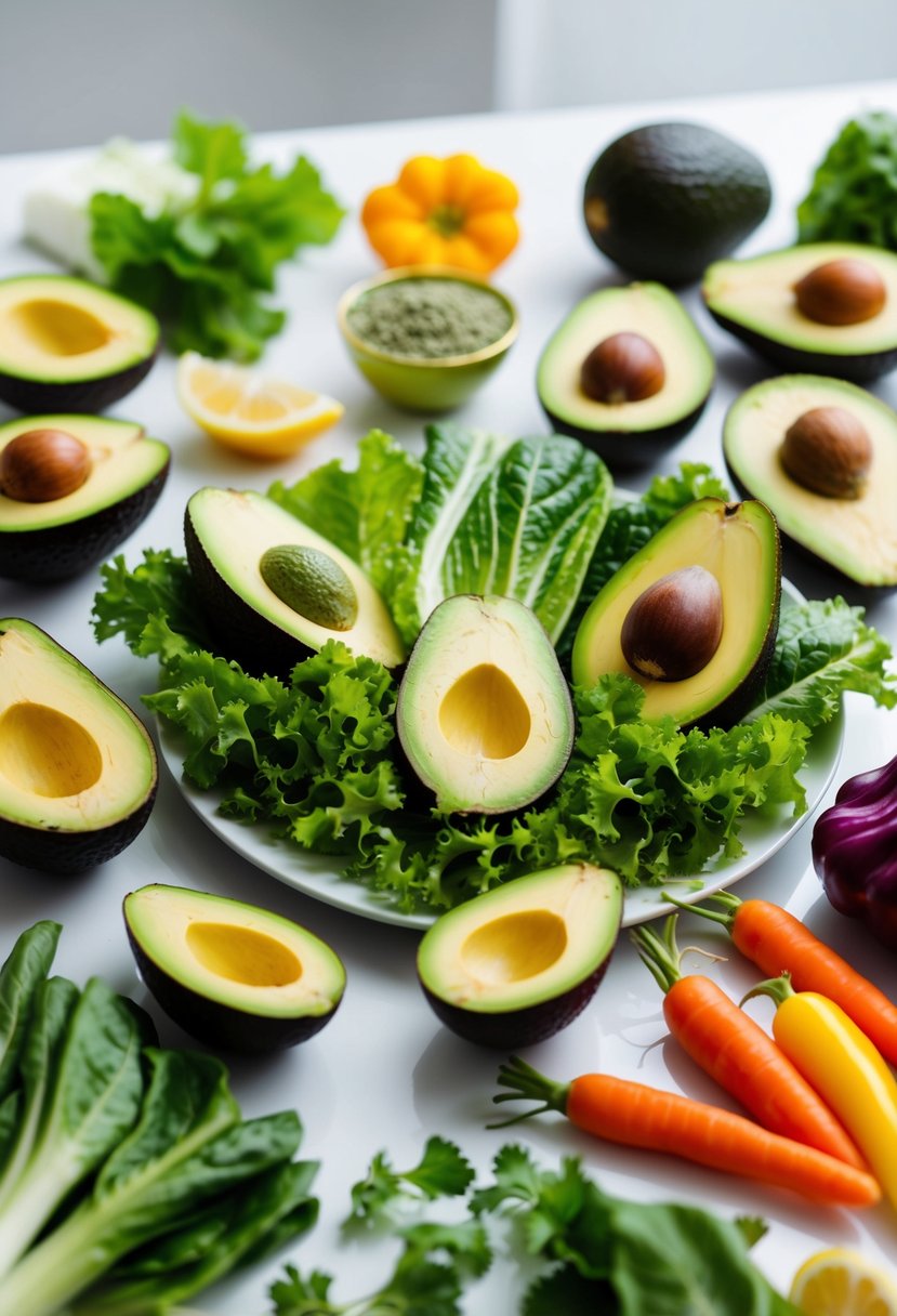 A colorful array of fresh avocado, lettuce, and various vegetables arranged on a clean, white surface, ready to be used in a vegan, carb-free recipe