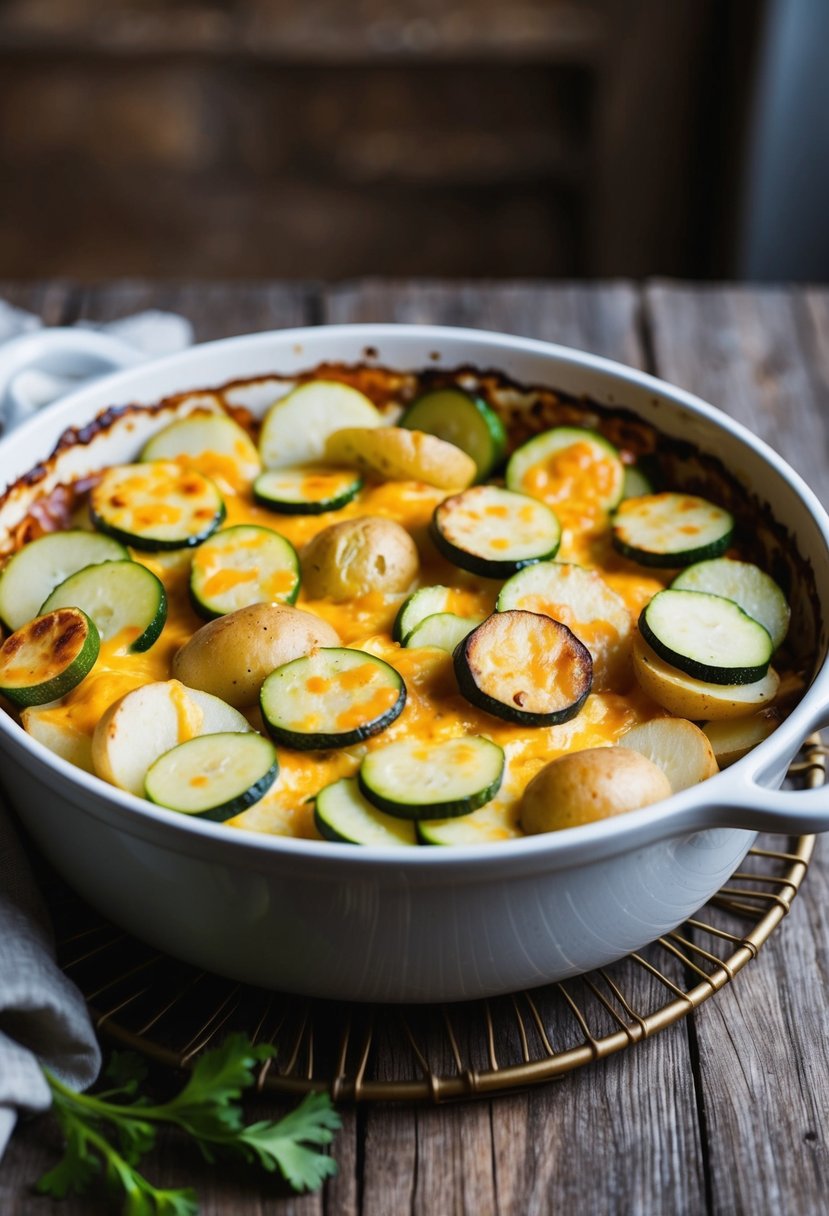 A rustic kitchen table with a bubbling casserole dish filled with layers of sliced potatoes and zucchini, topped with golden brown cheese