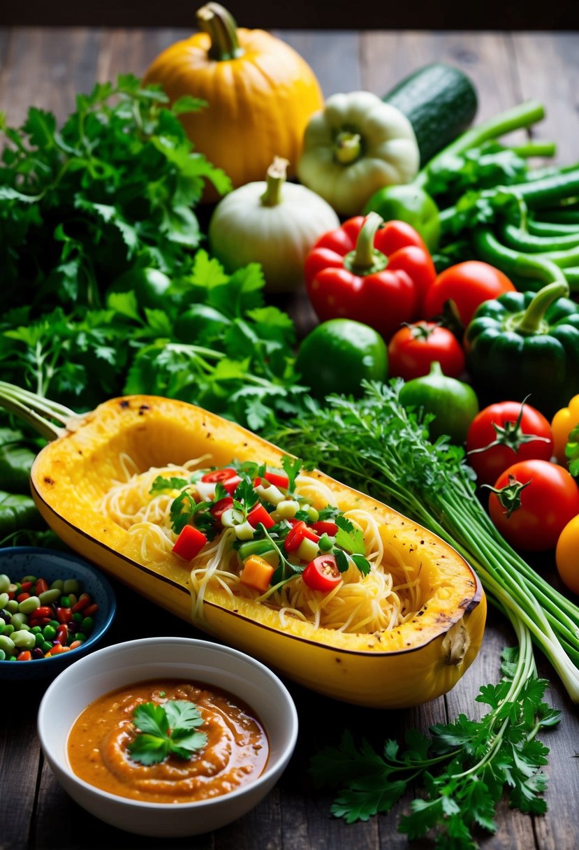 A colorful array of fresh vegetables and herbs arranged around a cooked spaghetti squash, with a bowl of flavorful pad thai sauce nearby