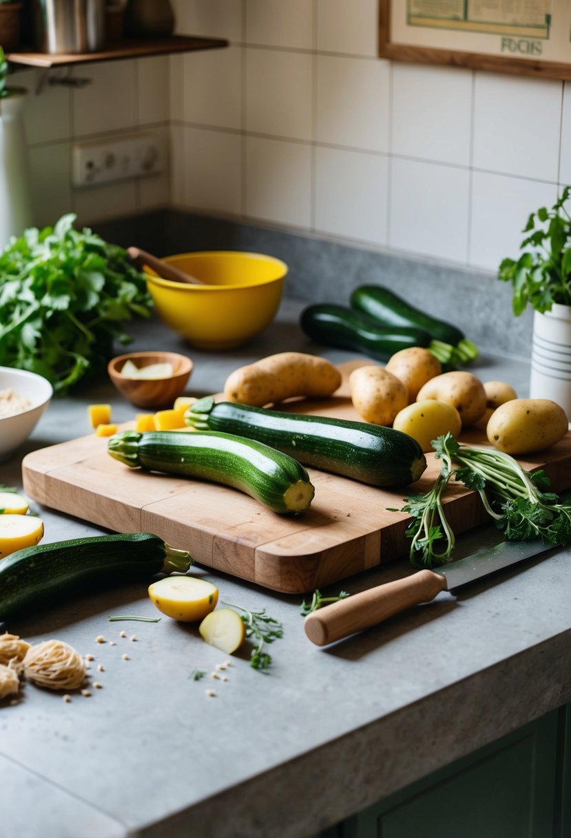 A rustic kitchen counter with freshly picked zucchinis and potatoes, a cutting board, and a rolling pin. Ingredients and utensils are scattered around