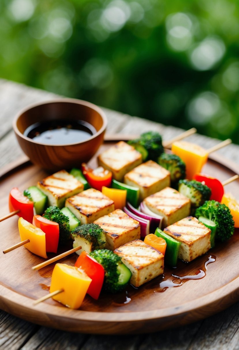 Grilled tofu skewers with colorful vegetables on a wooden platter