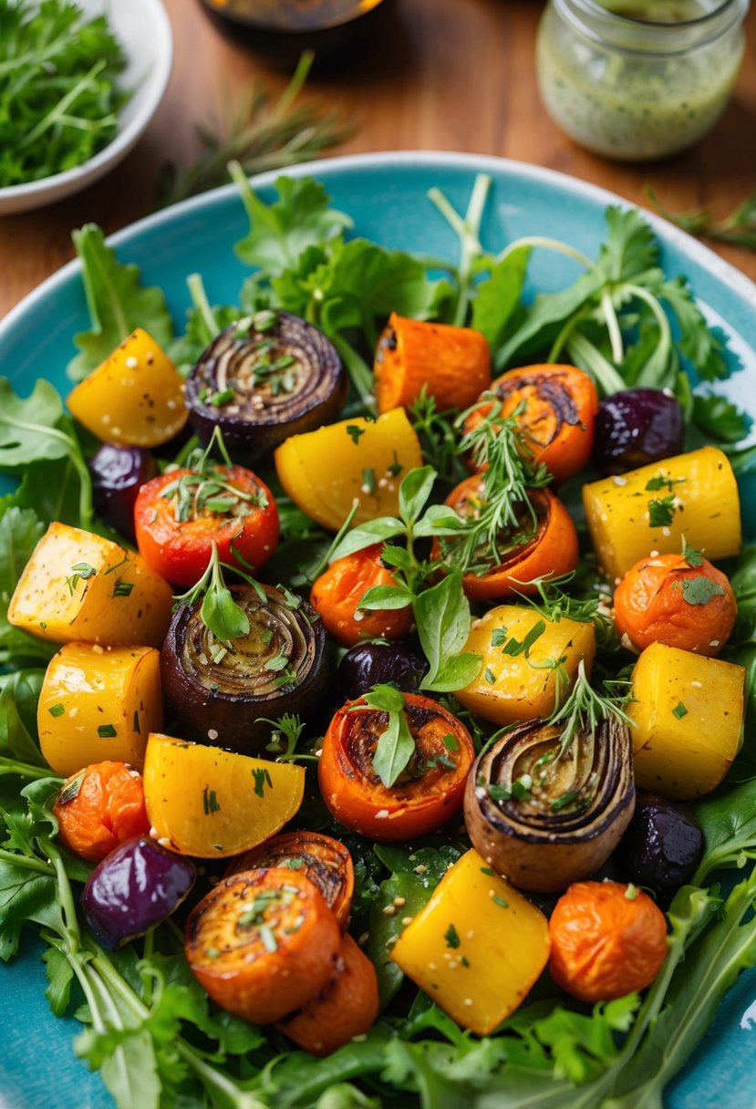 A colorful array of roasted vegetables arranged on a bed of fresh greens, drizzled with a tangy vinaigrette, and garnished with fragrant herbs