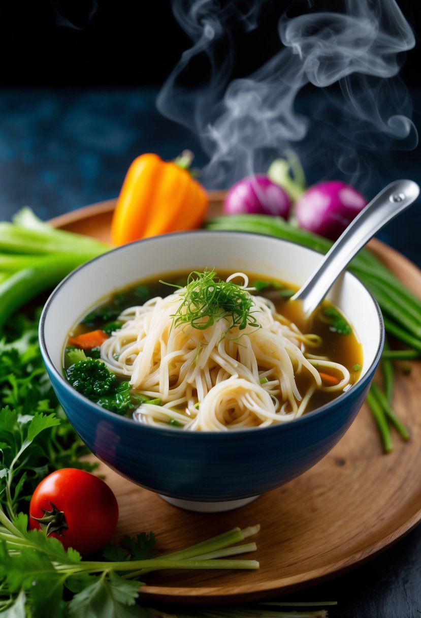 A steaming bowl of Shirataki noodle soup surrounded by colorful vegetables and herbs, with a spoon resting on the side