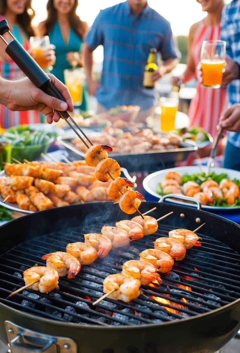 A sizzling grill with shrimp skewers cooking over hot coals, surrounded by a lively tailgate party with food and drinks