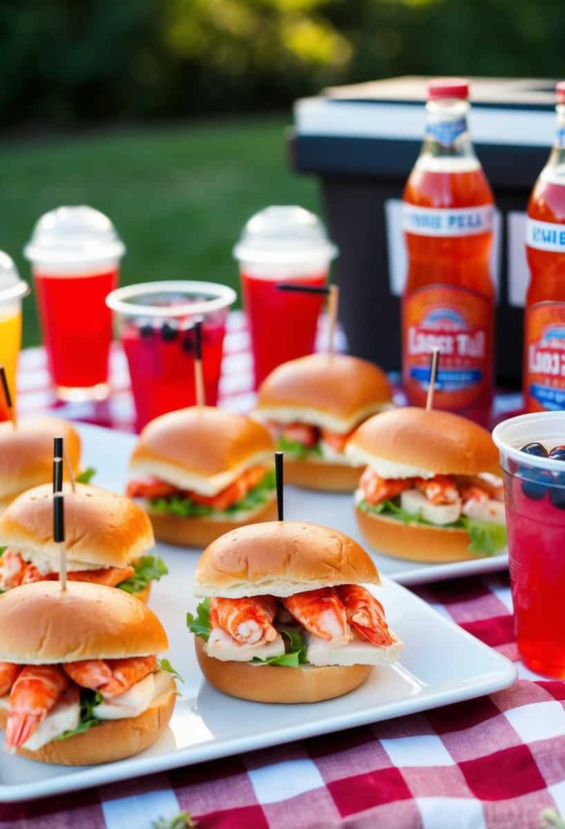 A picnic table set with lobster roll sliders, condiments, and drinks for a seafood tailgate party