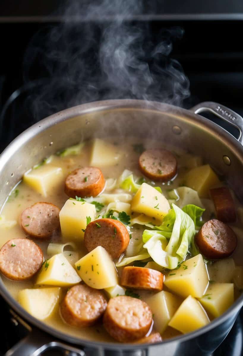 A steaming pot of creamy sausage and potato soup simmering on the stove, with chunks of sausage, potato, and cabbage floating in the rich broth