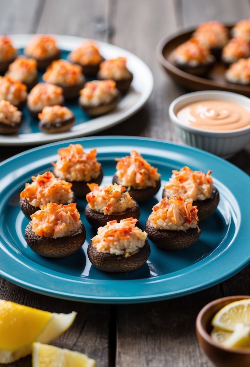 Crab Stuffed Mushrooms arranged on a platter with a side of dipping sauce, ready for a seafood tailgate party