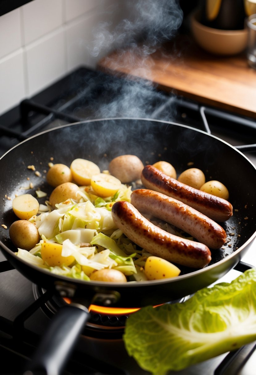 A sizzling skillet with German sausages, potatoes, and cabbage cooking together over a hot stove