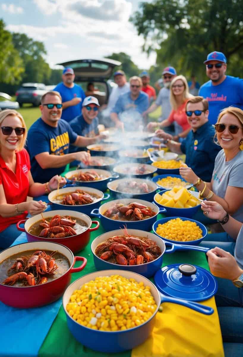 A colorful outdoor table spread with steaming pots of Cajun crawfish, corn, and potatoes, surrounded by excited tailgaters