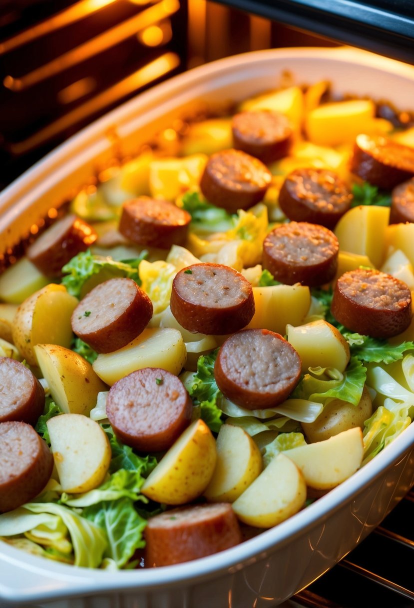 A bubbling casserole dish filled with layers of sliced sausage, tender potatoes, and vibrant green cabbage, surrounded by the warm glow of the oven