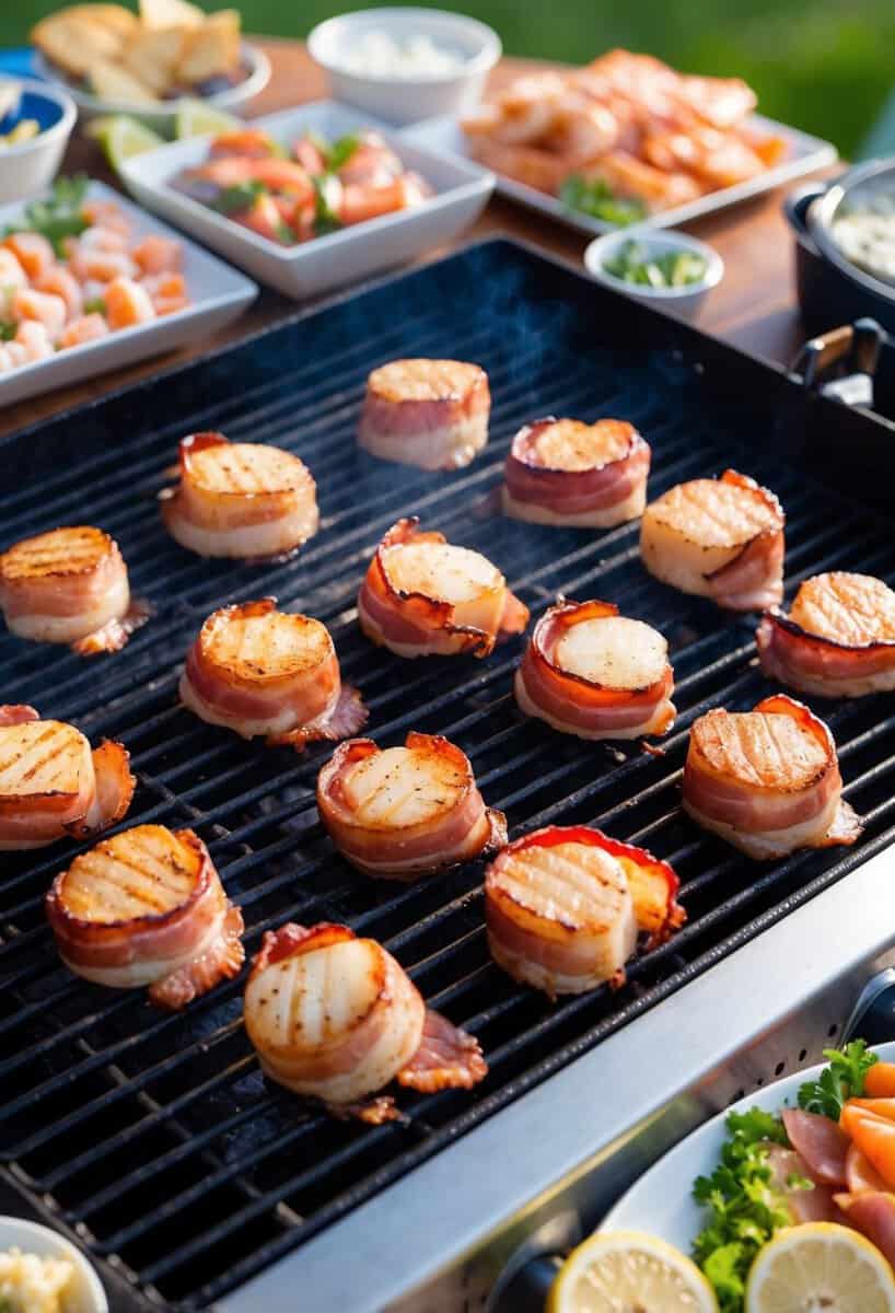 Bacon-wrapped scallops sizzling on a grill, surrounded by a spread of seafood and tailgate snacks