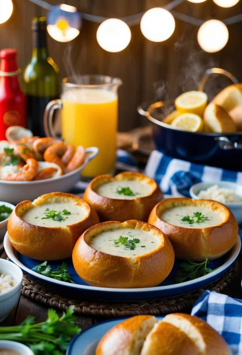 A cozy tailgate scene with steaming clam chowder bread bowls, surrounded by seafood ingredients and a festive atmosphere