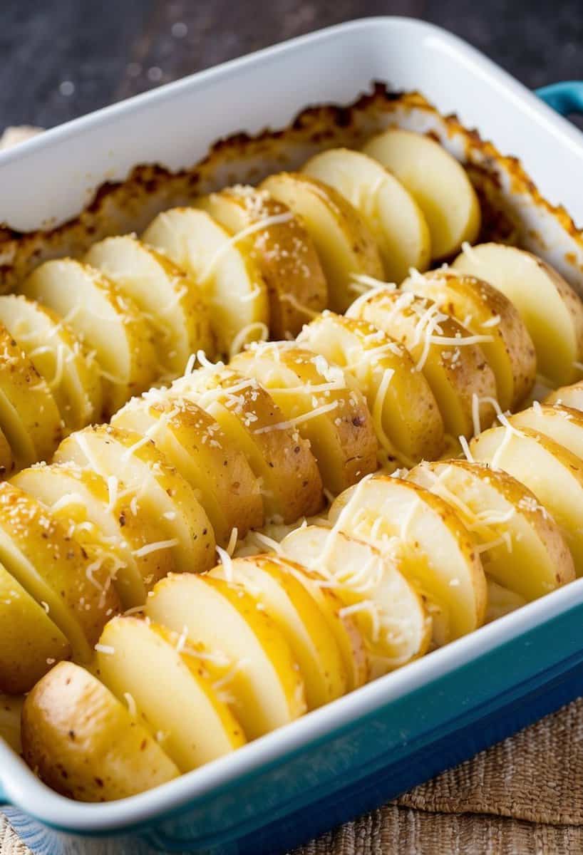 Sliced potatoes layered in a baking dish, covered in creamy sauce and sprinkled with cheese, ready to be baked until golden and bubbly