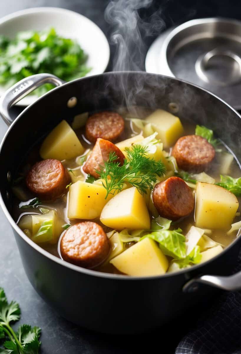 A steaming pot filled with chunks of sausage, potato, and cabbage simmering in a savory broth