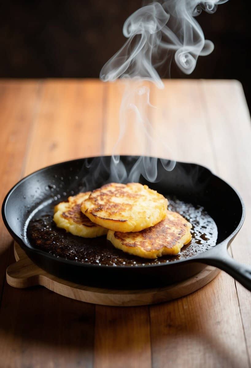 A sizzling skillet with golden-brown potato pancakes, steam rising