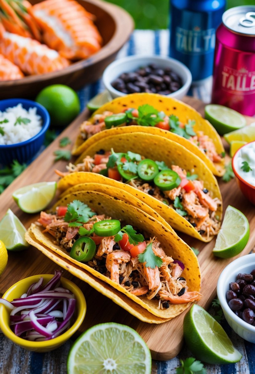 A colorful spread of spicy tuna tacos surrounded by fresh seafood and tailgate essentials