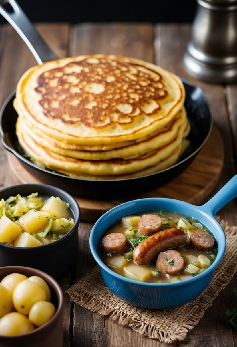 A rustic kitchen scene with a sizzling skillet of boxty pancakes, alongside a pot of simmering sausage, potato, and cabbage stew