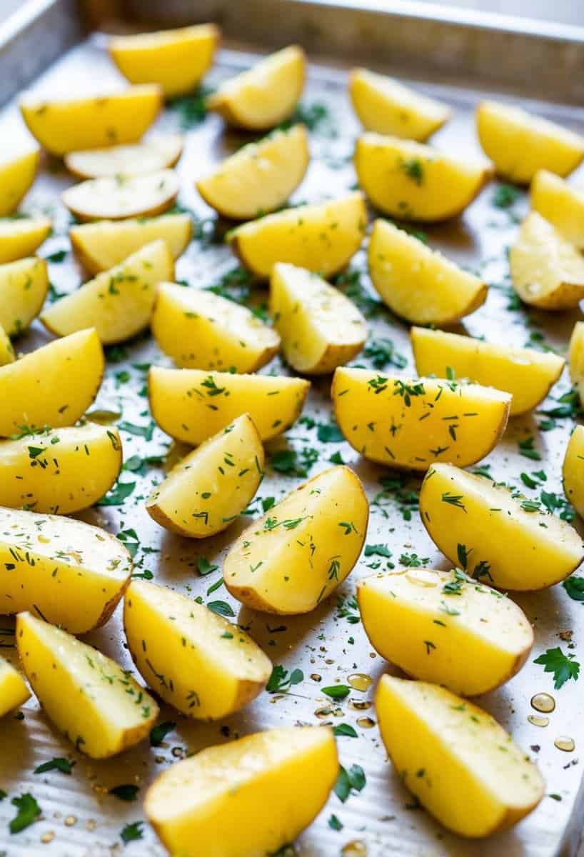 Freshly cut potato wedges tossed in herbs and olive oil, arranged on a baking sheet ready for the oven