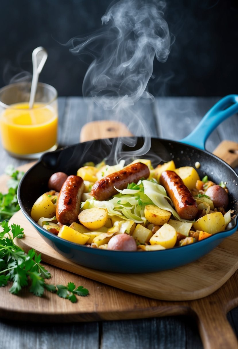 A sizzling skillet holds a hearty breakfast hash of sausages, potatoes, and cabbage, with steam rising and savory aromas filling the air