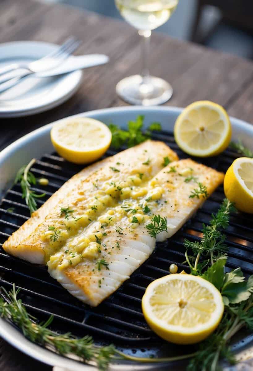 A sizzling sea bass fillet bathed in garlic butter, surrounded by fresh herbs and lemon slices on a grill