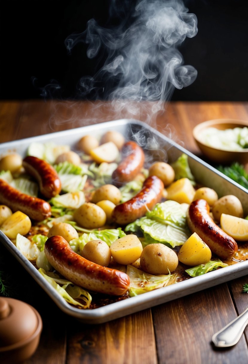 A sheet pan filled with roasted sausages, cabbage, and potatoes, glistening with golden-brown color and surrounded by aromatic steam