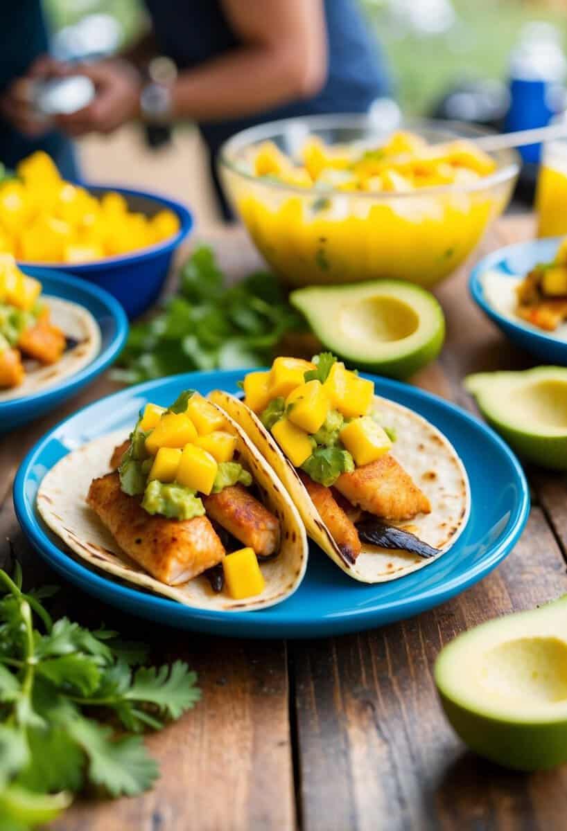 A platter of fish tacos topped with vibrant mango salsa, surrounded by a lively tailgate atmosphere