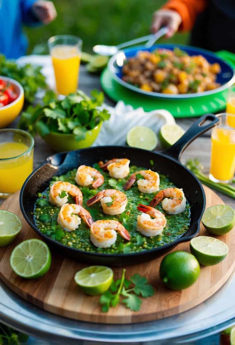 A sizzling skillet of cilantro lime shrimp surrounded by fresh ingredients at a lively outdoor tailgate gathering