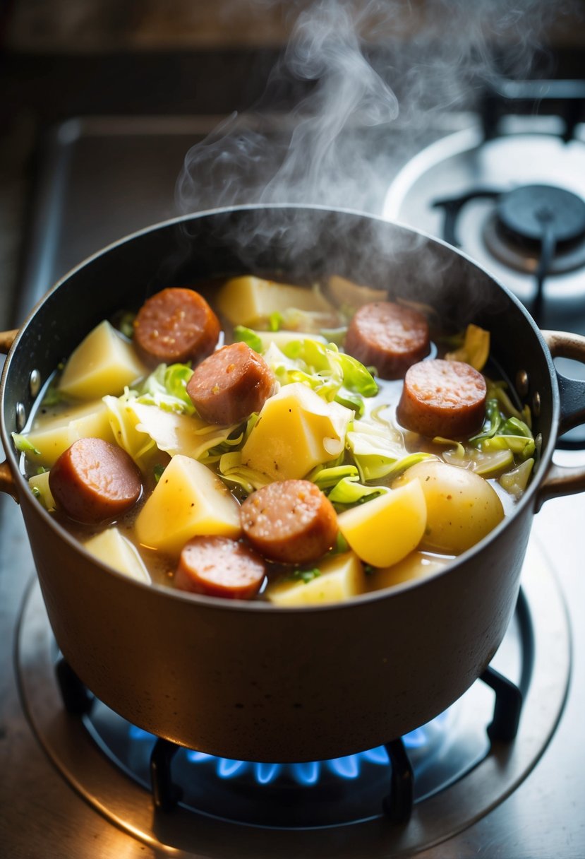 A steaming pot on a rustic stove, filled with chunks of sausage, cabbage, and potatoes simmering in a savory broth