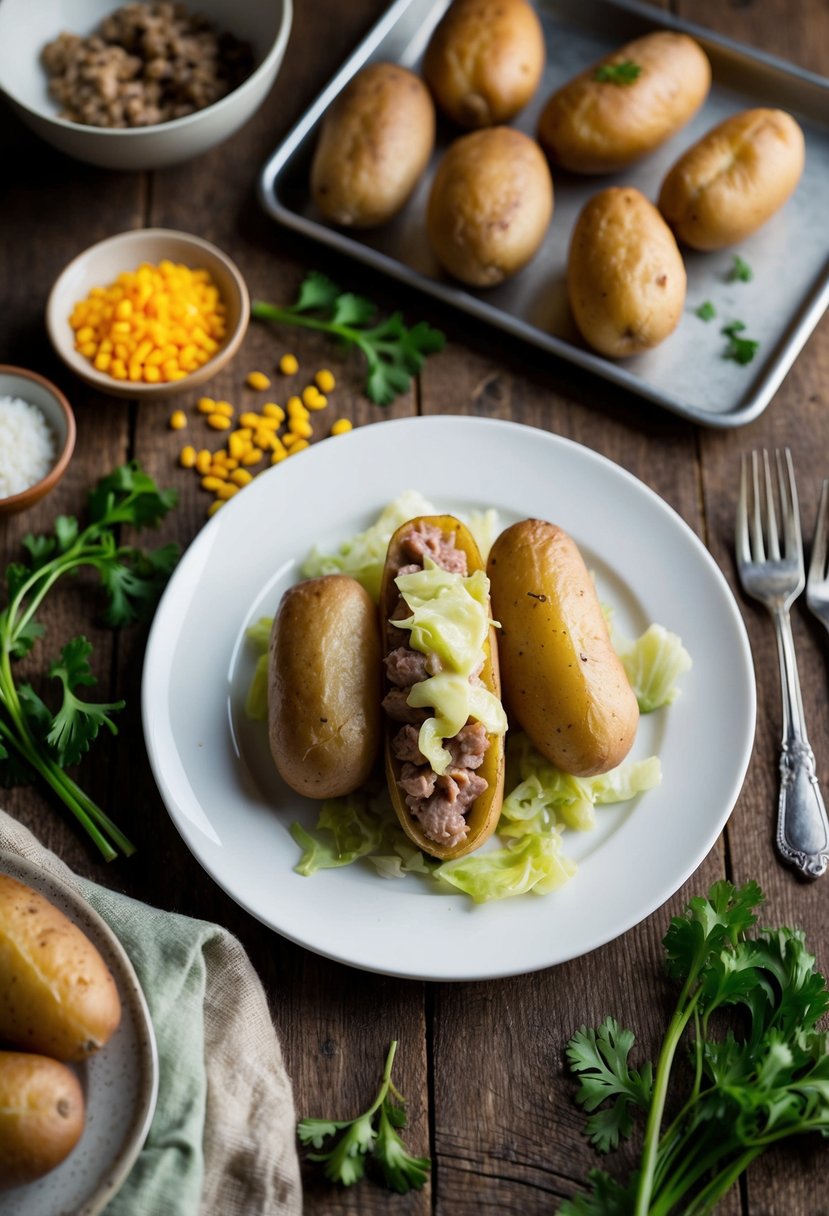 A rustic kitchen table with a plate of sausage and cabbage stuffed potatoes, surrounded by scattered recipe ingredients