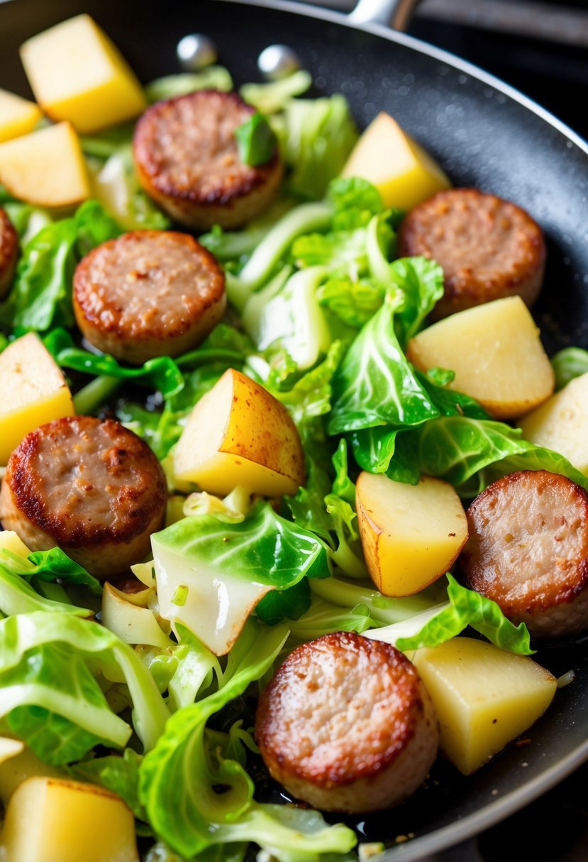 Sizzling sausage and cabbage stir-fry in a hot skillet, with chunks of potato and vibrant green cabbage cooking together