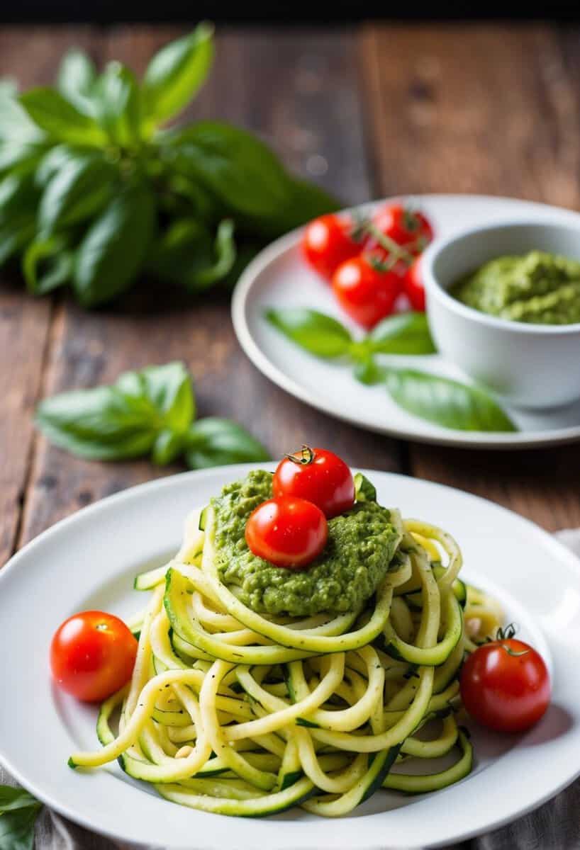 A plate of zucchini noodles topped with vibrant green pesto, garnished with fresh basil and cherry tomatoes, sitting on a rustic wooden table