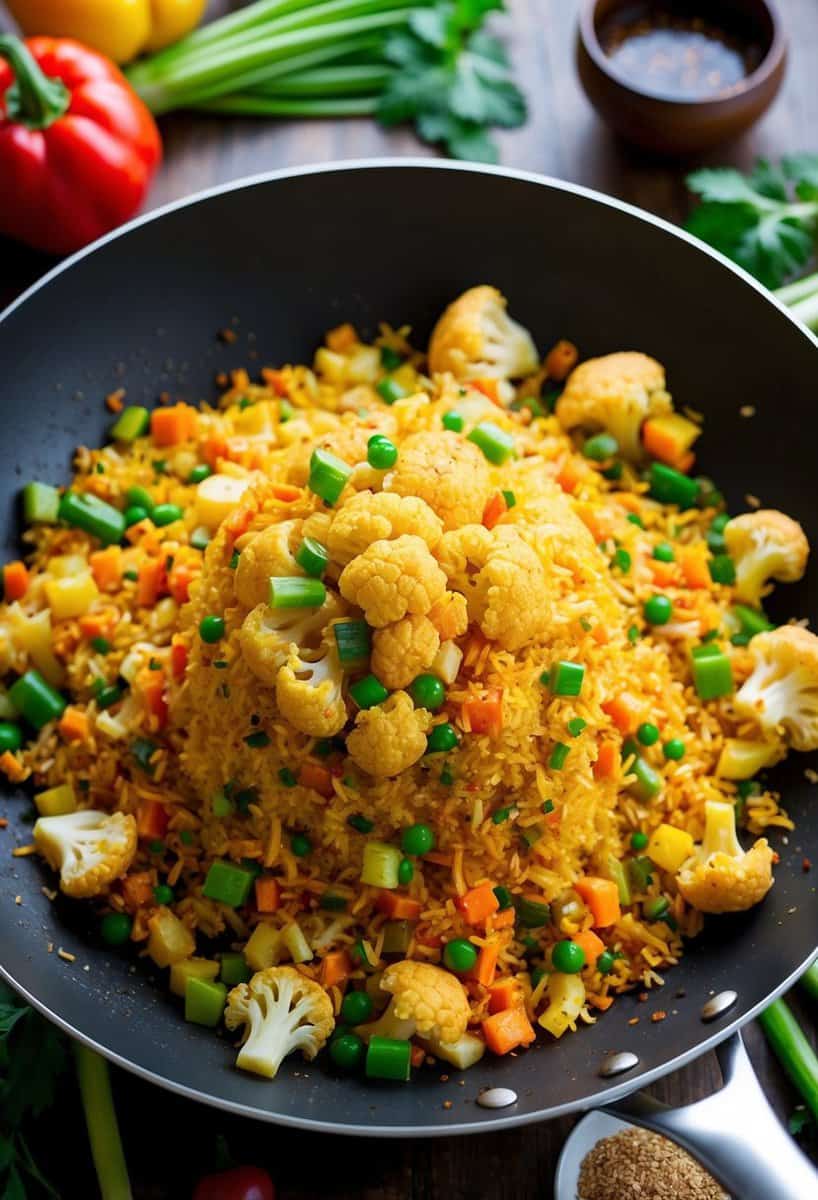 A sizzling wok filled with colorful cauliflower fried rice, surrounded by fresh vegetables and aromatic spices