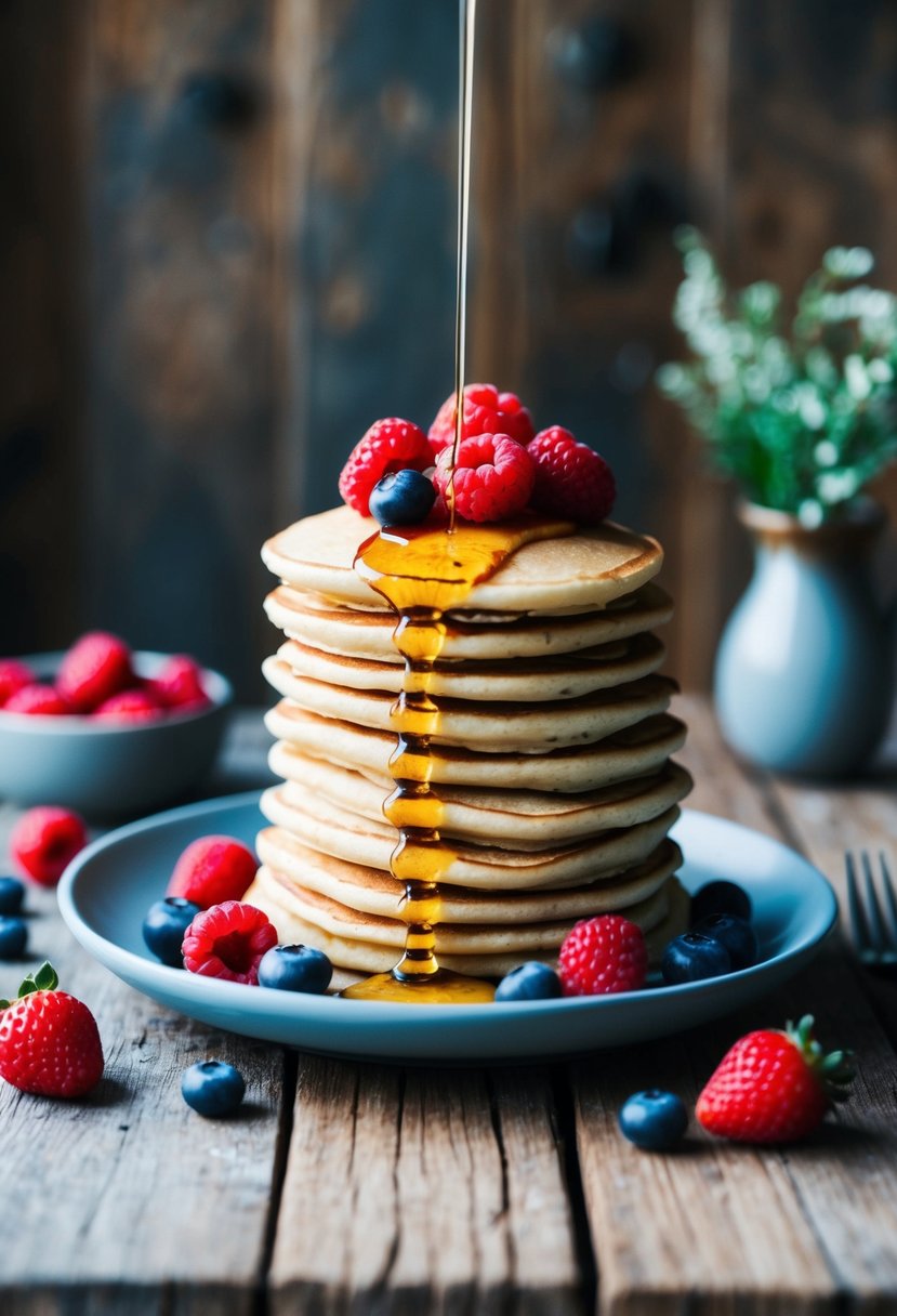 A stack of almond flour pancakes topped with fresh berries and a drizzle of syrup on a rustic wooden table