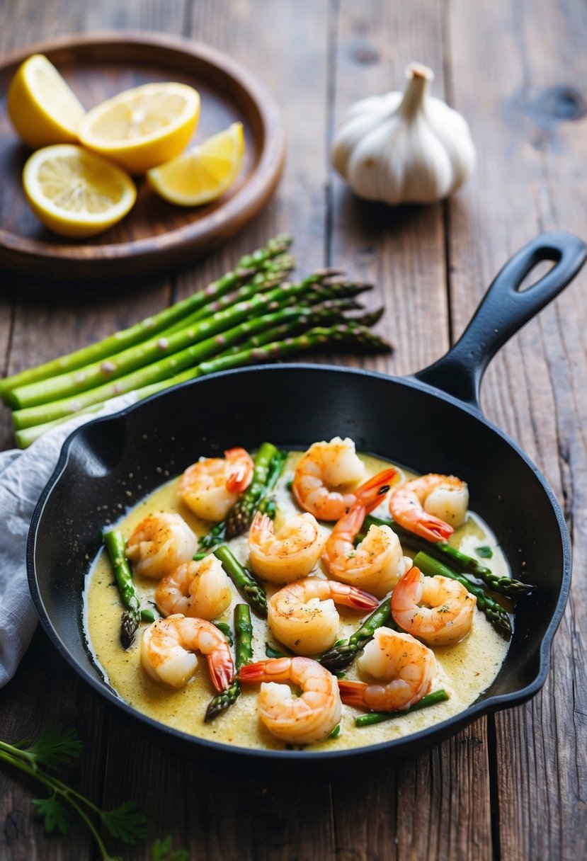 A sizzling skillet of garlic butter shrimp and asparagus on a rustic wooden table