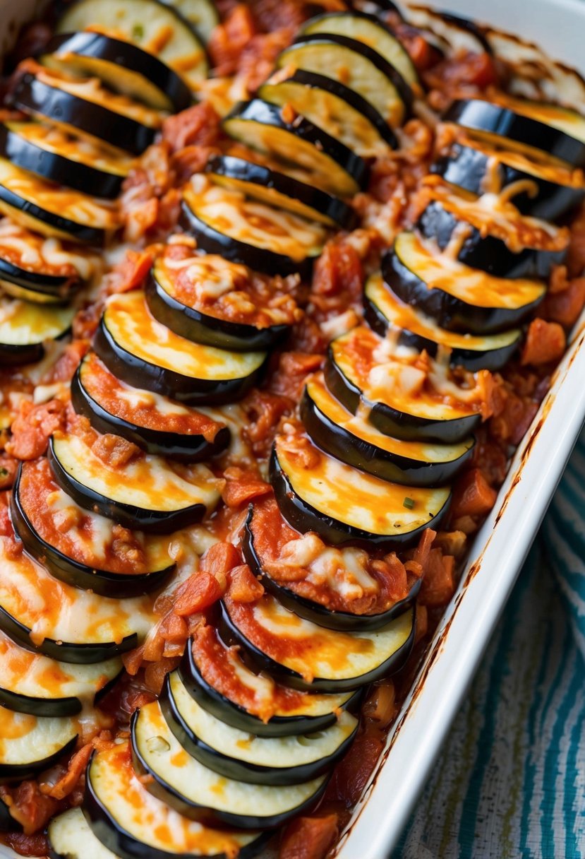 A colorful array of sliced eggplant, layered with rich tomato sauce and melted cheese, baked in a casserole dish