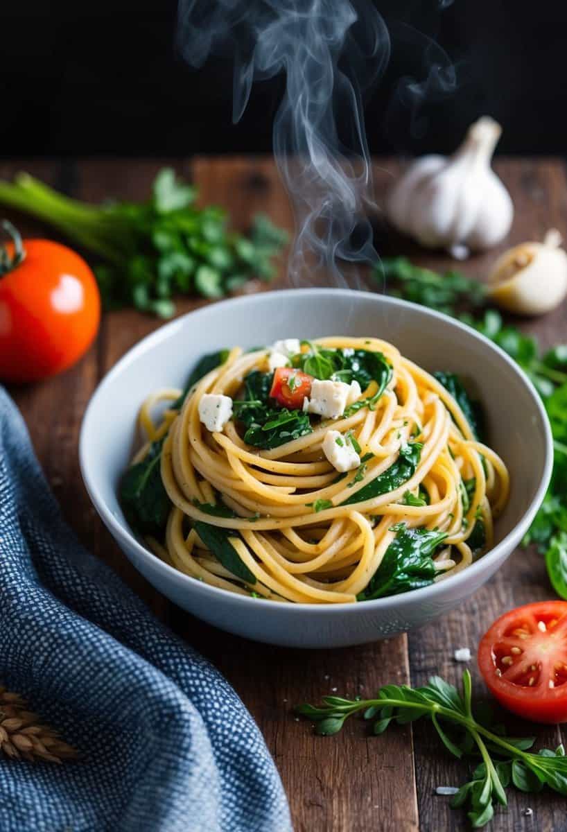 A steaming bowl of whole wheat pasta with spinach and feta, surrounded by fresh ingredients like tomatoes, garlic, and herbs