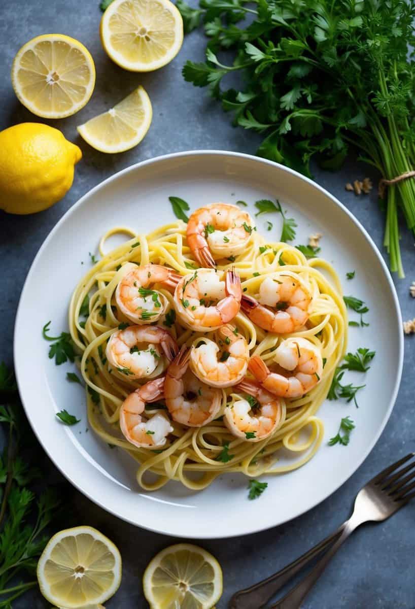 A plate of Lemon Garlic Shrimp Linguine surrounded by fresh herbs and lemon slices