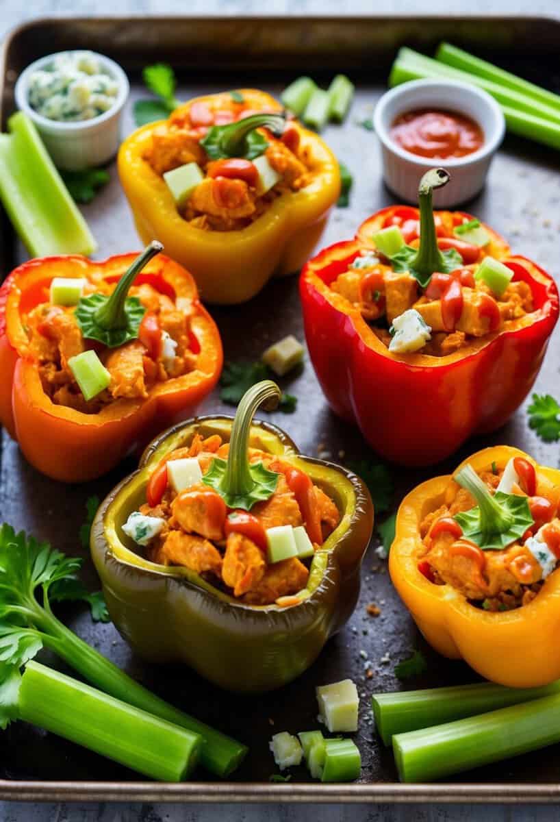 Buffalo chicken stuffed peppers on a baking sheet, surrounded by fresh ingredients like celery, blue cheese, and hot sauce