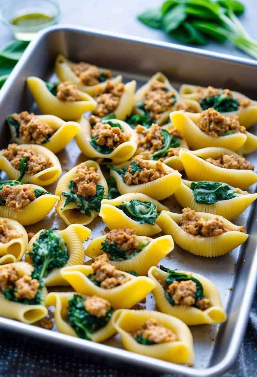 A pan of stuffed pasta shells filled with ground turkey and spinach, ready to be baked or stored in the freezer