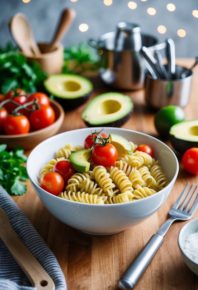 A bowl of fusilli pasta with avocado and cherry tomatoes, surrounded by fresh ingredients and cooking utensils on a wooden kitchen counter