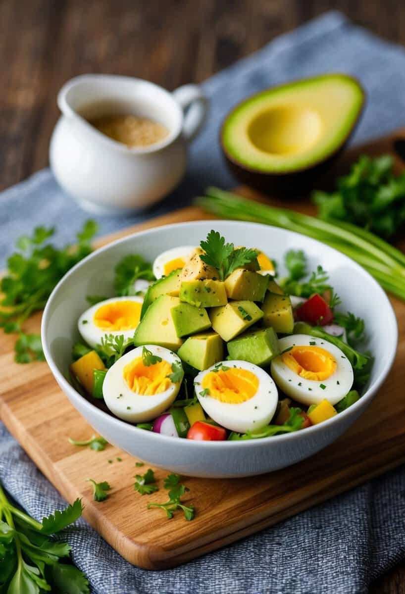 A bowl of avocado egg salad with colorful vegetables and herbs on a wooden cutting board