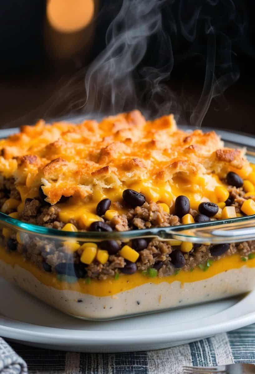 A steaming casserole dish filled with layers of ground turkey, corn, black beans, and melted cheese, topped with a crispy golden crust