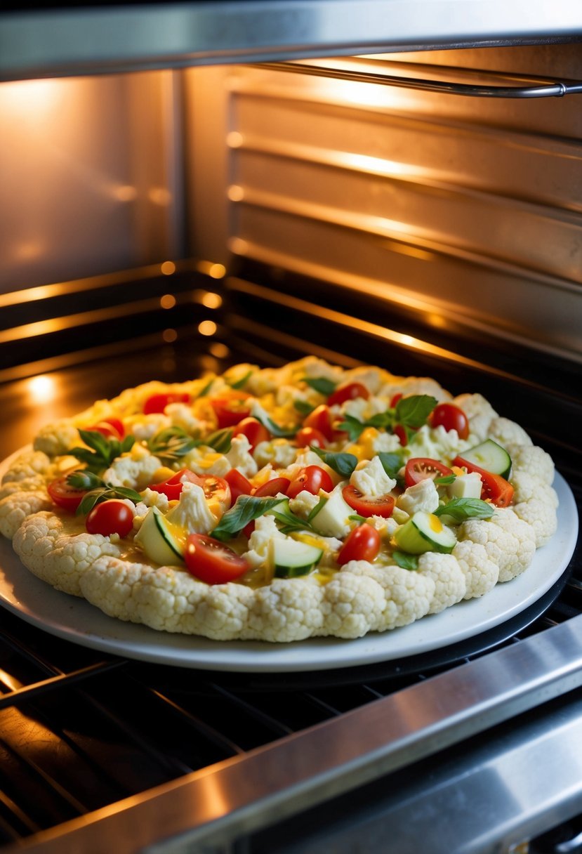 A cauliflower pizza crust being prepared with fresh ingredients and placed in the oven