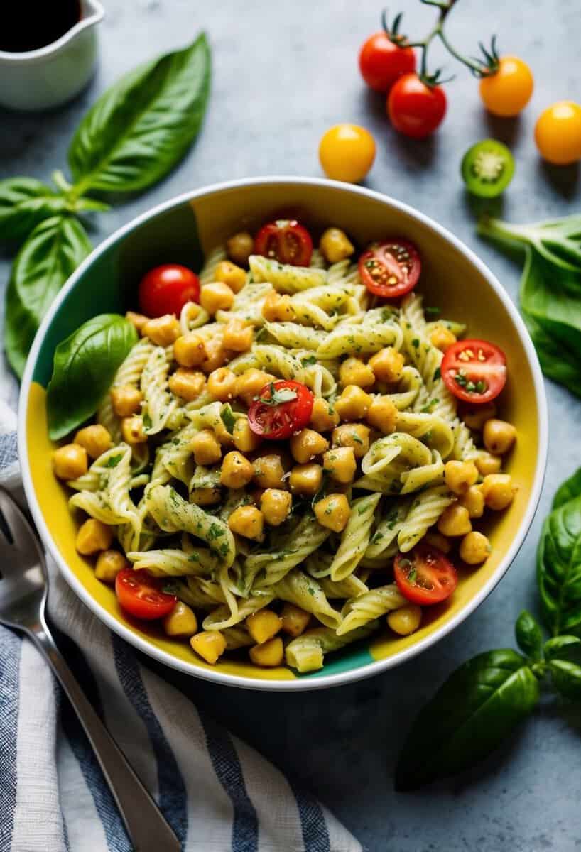 A colorful bowl of pesto chickpea pasta salad surrounded by fresh ingredients like cherry tomatoes, basil leaves, and a drizzle of olive oil