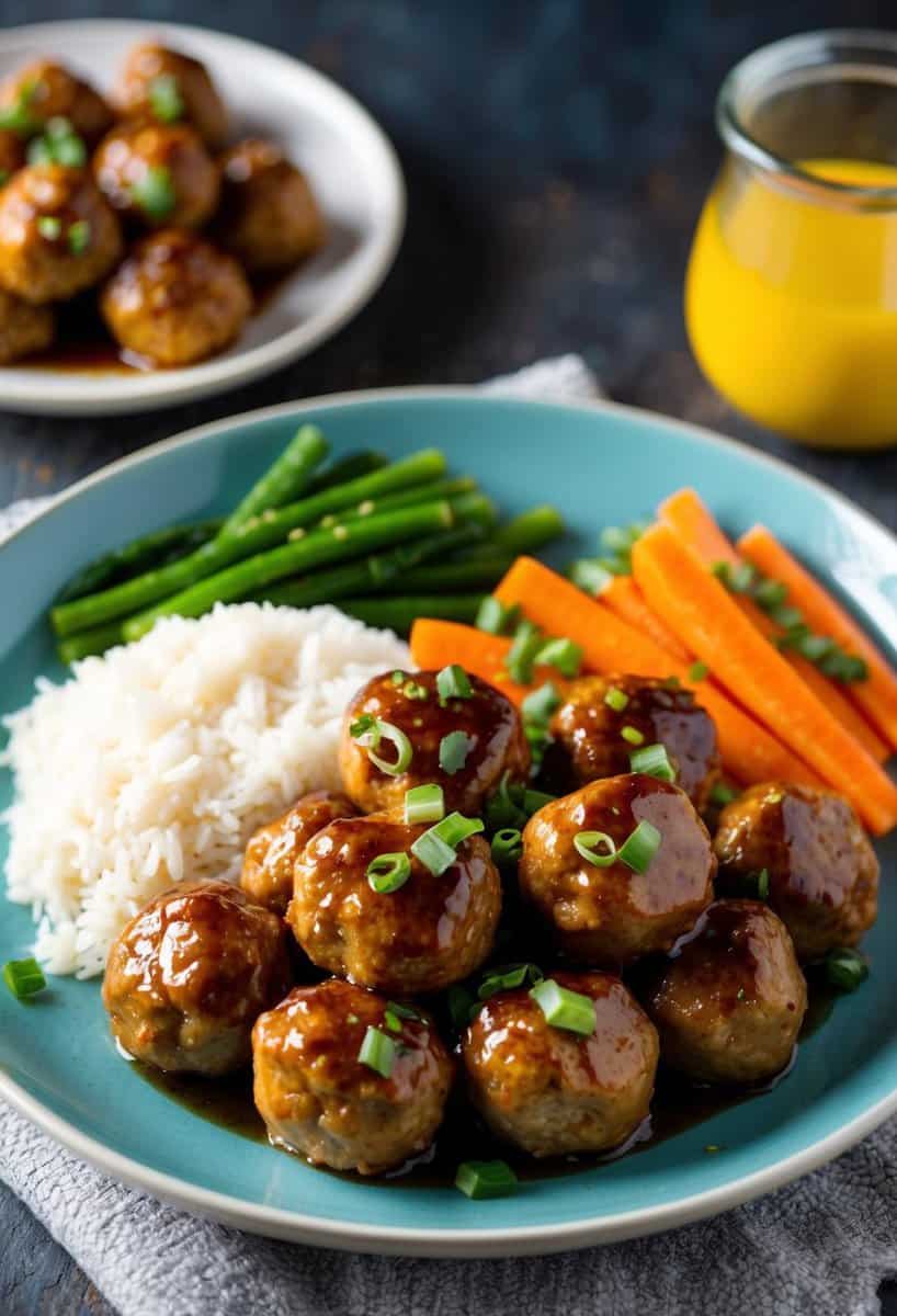 A plate of teriyaki turkey meatballs with a side of rice and steamed vegetables, ready to be served for a delicious and healthy meal