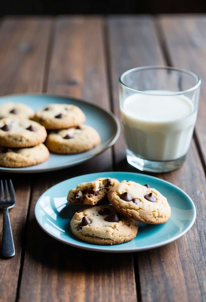 A plate of coconut flour chocolate chip cookies next to a glass of milk on a wooden table