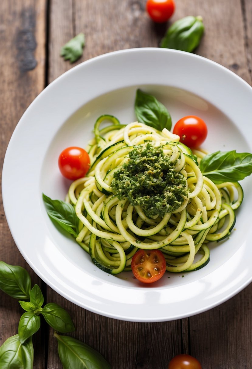 A plate of zucchini noodles topped with basil pesto, garnished with fresh herbs and cherry tomatoes, on a rustic wooden table