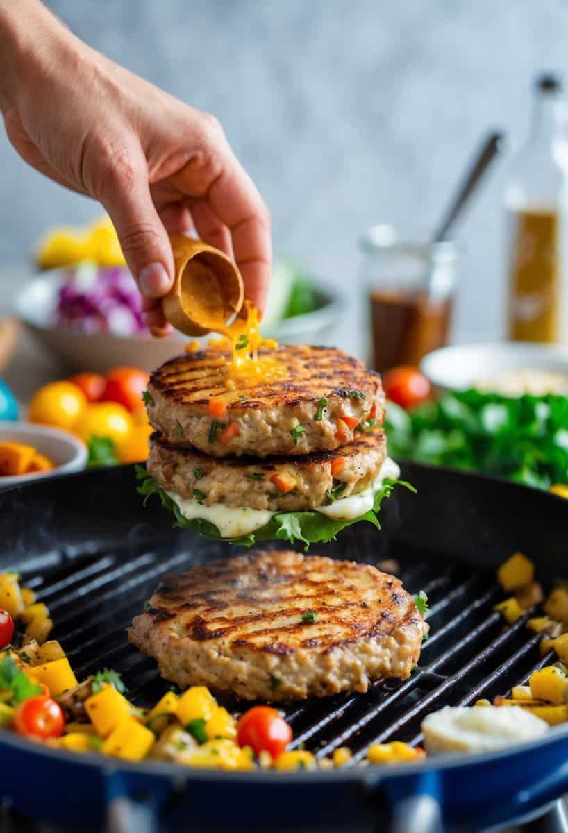 A sizzling Greek turkey burger patty being flipped on a hot grill, surrounded by colorful ingredients and spices