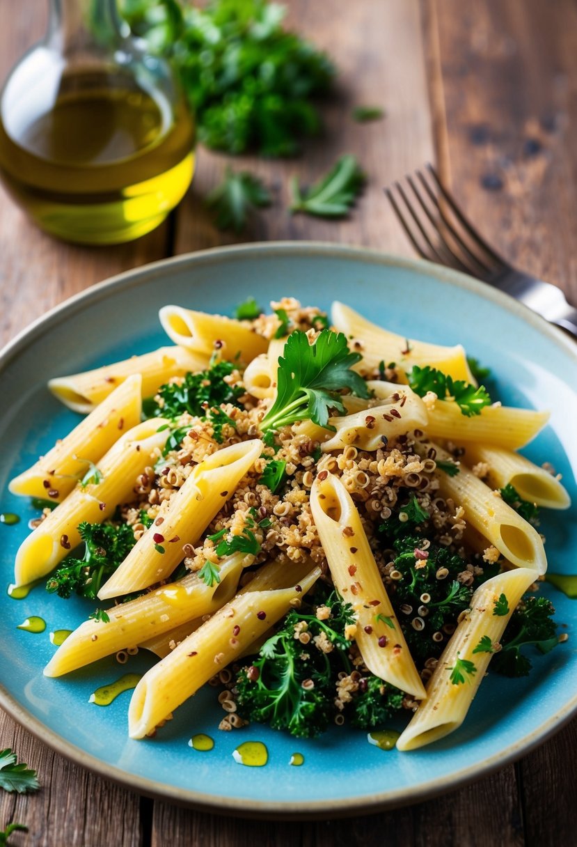 A colorful plate of quinoa and kale penne pasta, topped with fresh herbs and a drizzle of olive oil, sits on a rustic wooden table